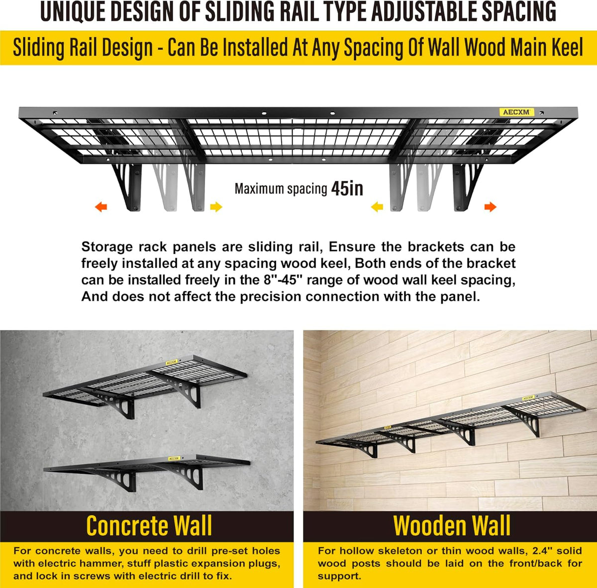 1.64x4ft 2Pack Wire Shelving Unit Heavy Duty Garage Storage Shelves Wall Mounted Black 560lbs Load Capacity（20-inch-by-48-inch）
