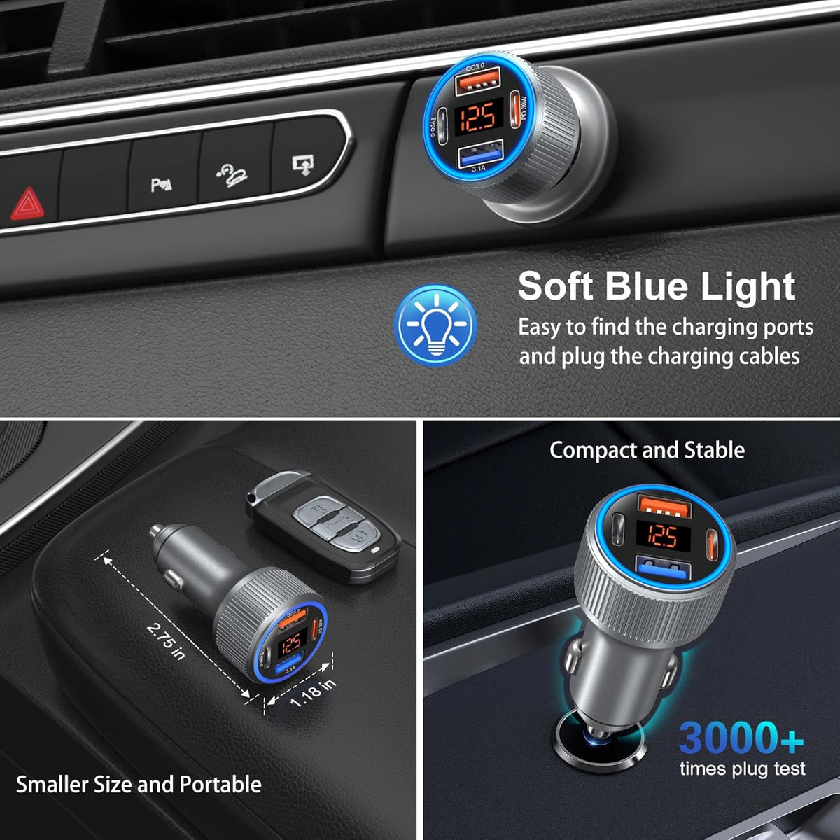 USB C Car Charger, 3 Pack 65W 12V Car Charger Adapter Multi Port QC 3.0+PD 30W Super Fast Cigarette Lighter Adapter Plug with Voltage Meter for iPhone 16/15/14/13/12/11 Pro Max,Samsung,Android(Gray)