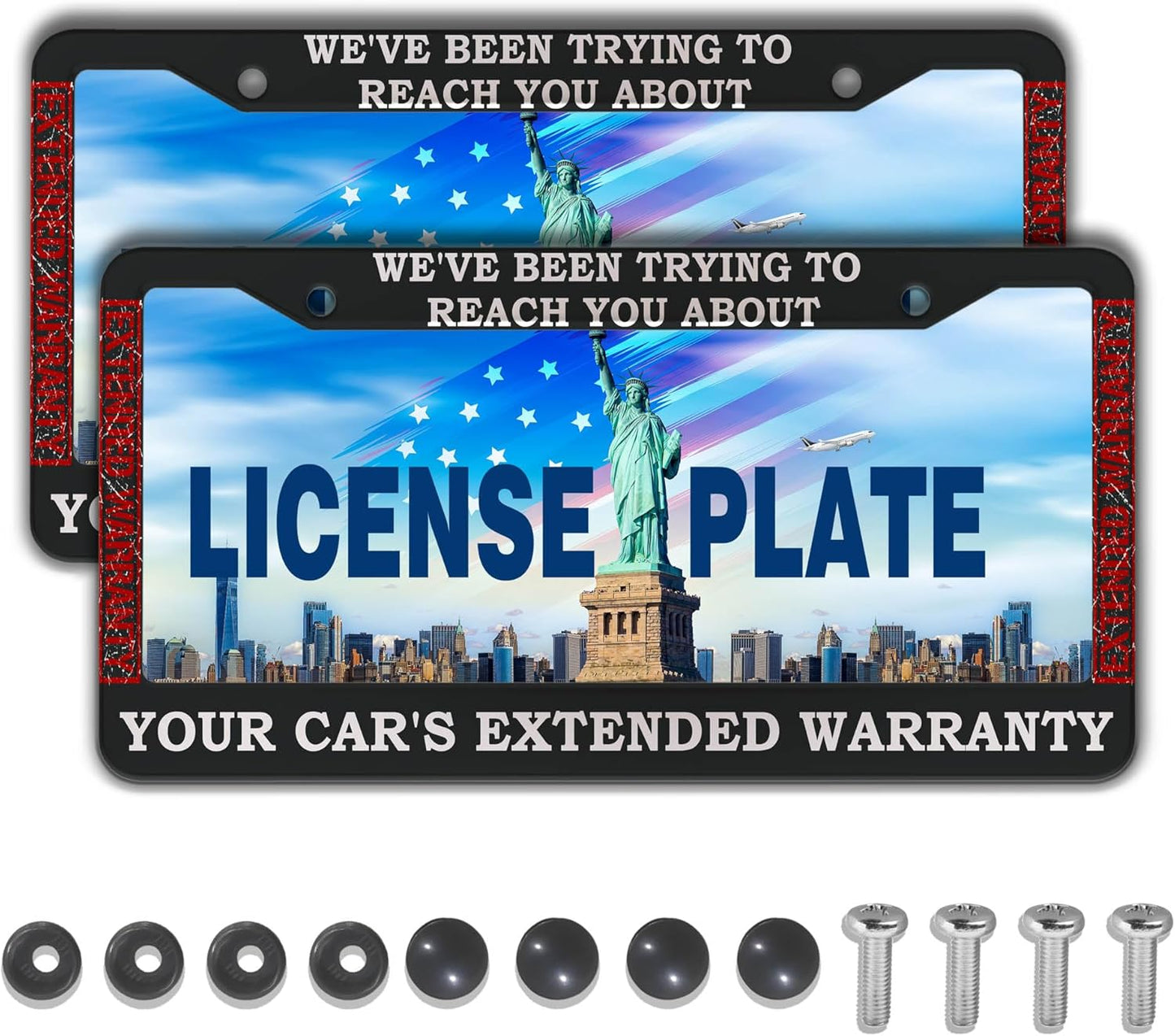 License Plate Frames Black and White License Plate Cover Car’s Extended Warranty Humorous Text Aluminum Metal Car Accessory 2 Pack with Screw Covers Set