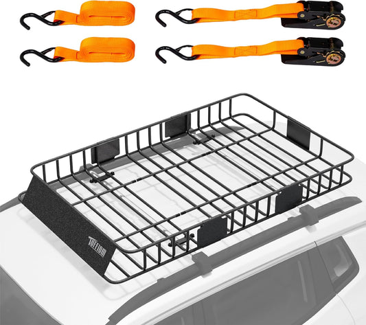 TUFFIOM 64"x 39"x 6" Universal Rooftop Cargo Carrier Basket, Extendable Steel Roof Rack Basket w/Straps with Hook, Heavy Duty Car Top Rack Luggage Holder Carrier Basket for SUV Car Truck Van