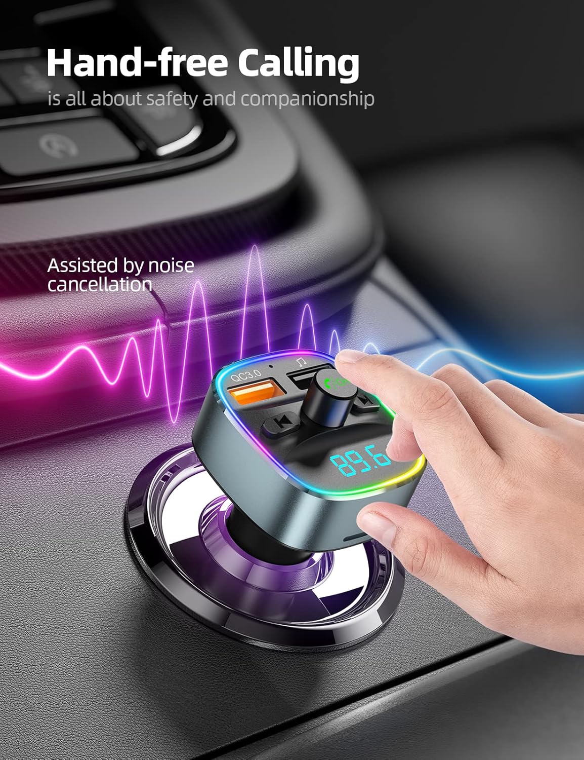 Nulaxy Bluetooth FM Transmitter for Car,Bluetooth Car Adapter with Dual USB Charging Car Charger MP3 Player Support TF Card & USB Disk,Hands-Free Calling,7 Colors Led Backlit Light-Gray