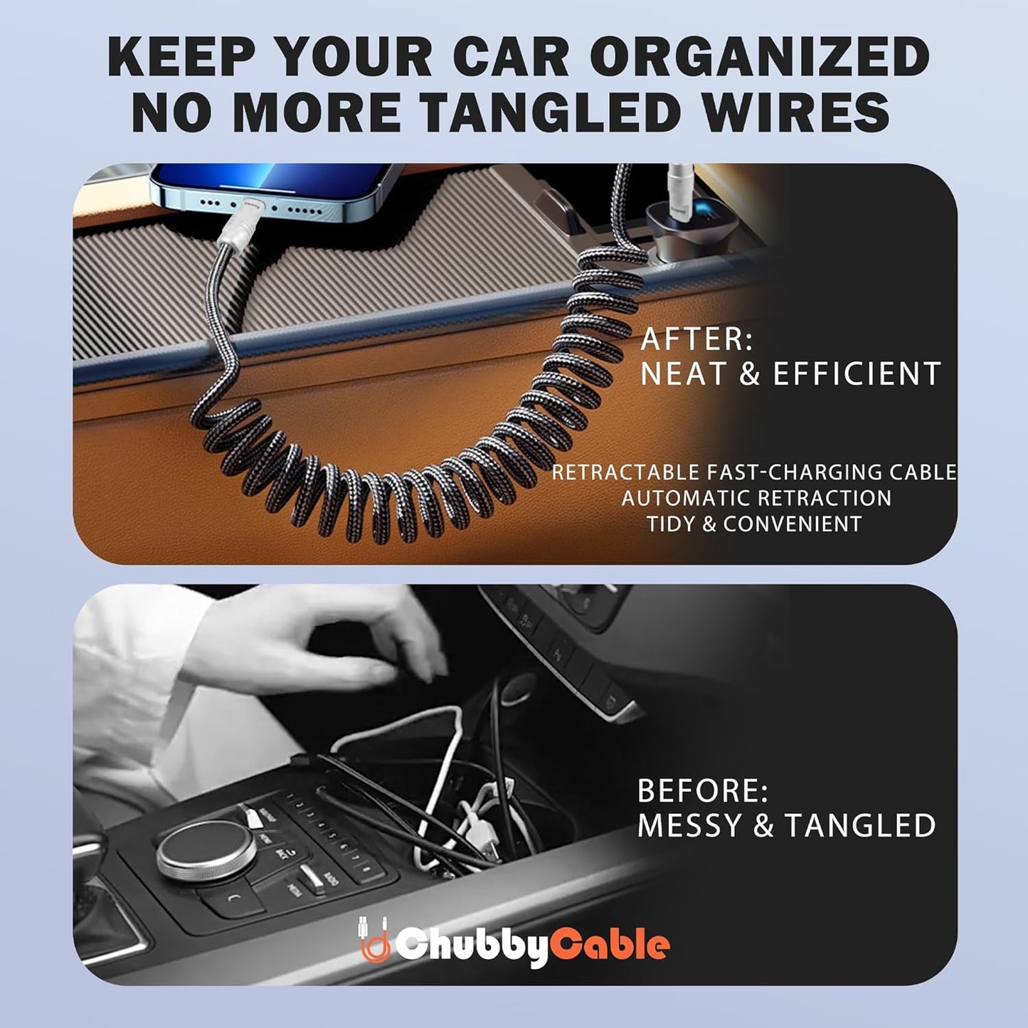 chubbycable Curly Chubby - Retractable Fast Charging Cable 240W Coiled Charger Cord for Car Durable USB-C Cable for Phones, Tablets and More, White, USB-A to Type-C, 1.3FT-2.3FT
