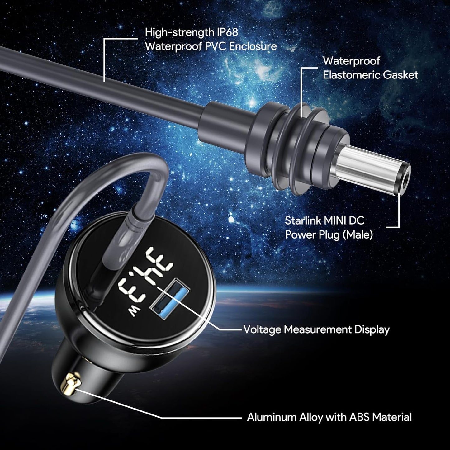 QUIDDITY Starlink Mini Car Adapter DC Power Cable + Cigarette Lighter Adapter 12V-24V with Digital Display, Water-Resistent Car Charging Cord with USB Type-C Port Starlink Mini Accessories(5M/16FT)