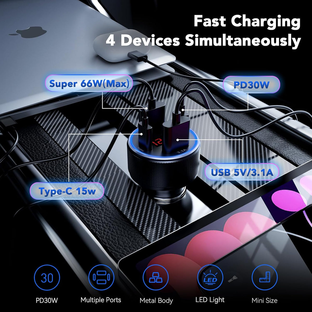 USB C Car Charger, Car Accessories for iPhone Aluminum Alloy Type C Car Charger Adapter Cigarette Lighter USB Charger Fast Charging for iPhone 16 15 14 13 Samsung Galaxy Google iPad Android