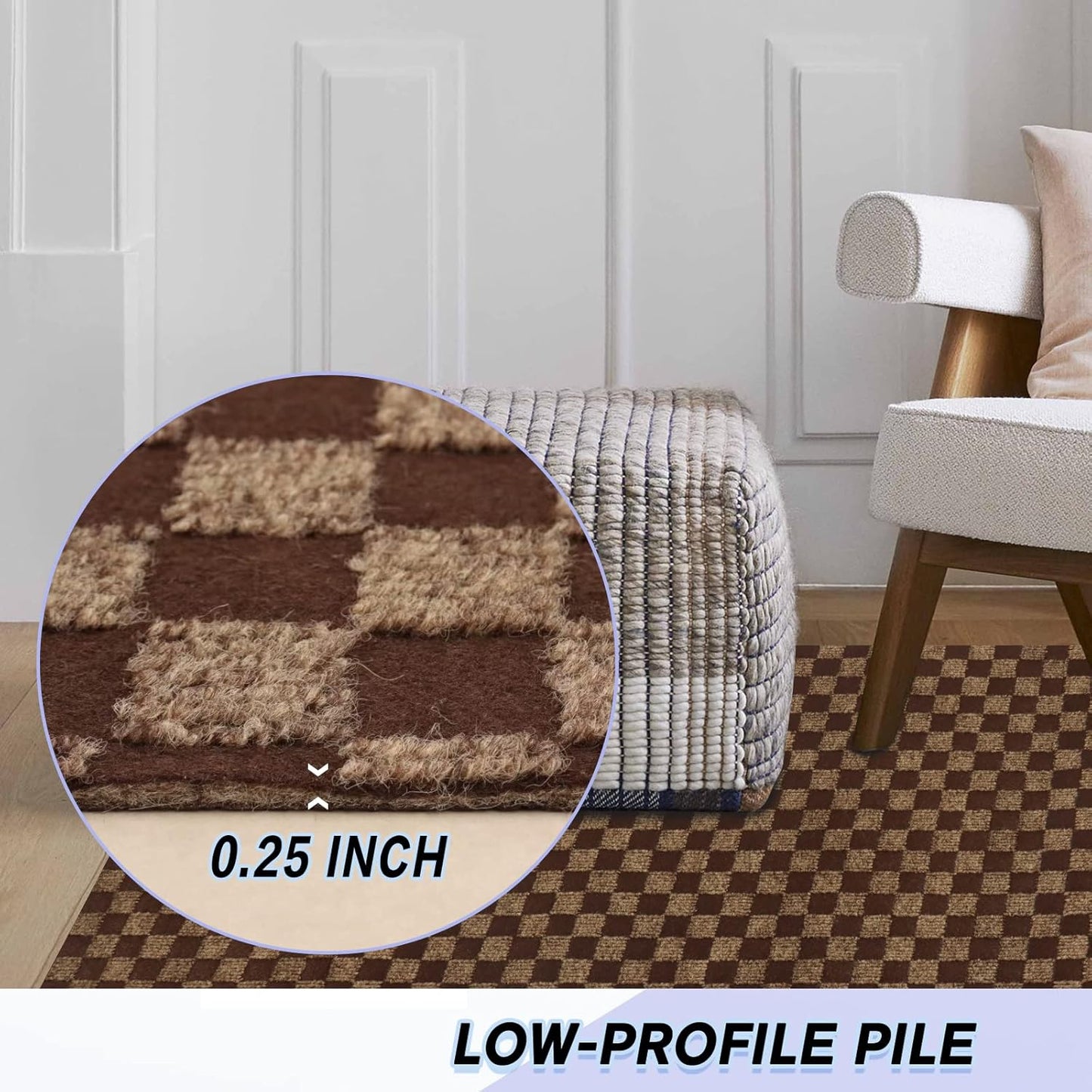 Custom Size Backed Non-Slip Area Rugs Runner, Easy Clean, Waterproof Runner Rugs for Hallway Entryway, Kitchen, Laundry, 2FT x 75FT, Brown Checkered